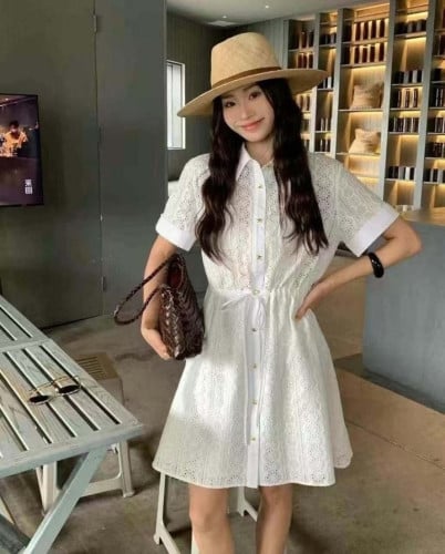 💕 셀** 홀로우 레이스 커프스 반팔 미니 원피스