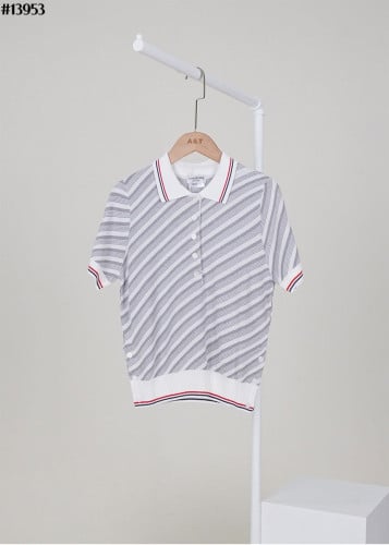 🔆 [THOM BROWNE] 톰브라운 여성 사선 스트라이프 코튼 실크 티핑 폴로 티셔츠 🔆
