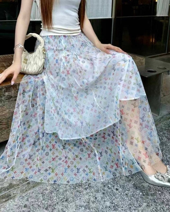 💕 루* 수입 모노그램 쉬폰 롱 스커트 -화이트-