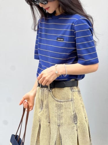 💕 미*** 로고 패치 스트라이프 반팔티셔츠 - 수입