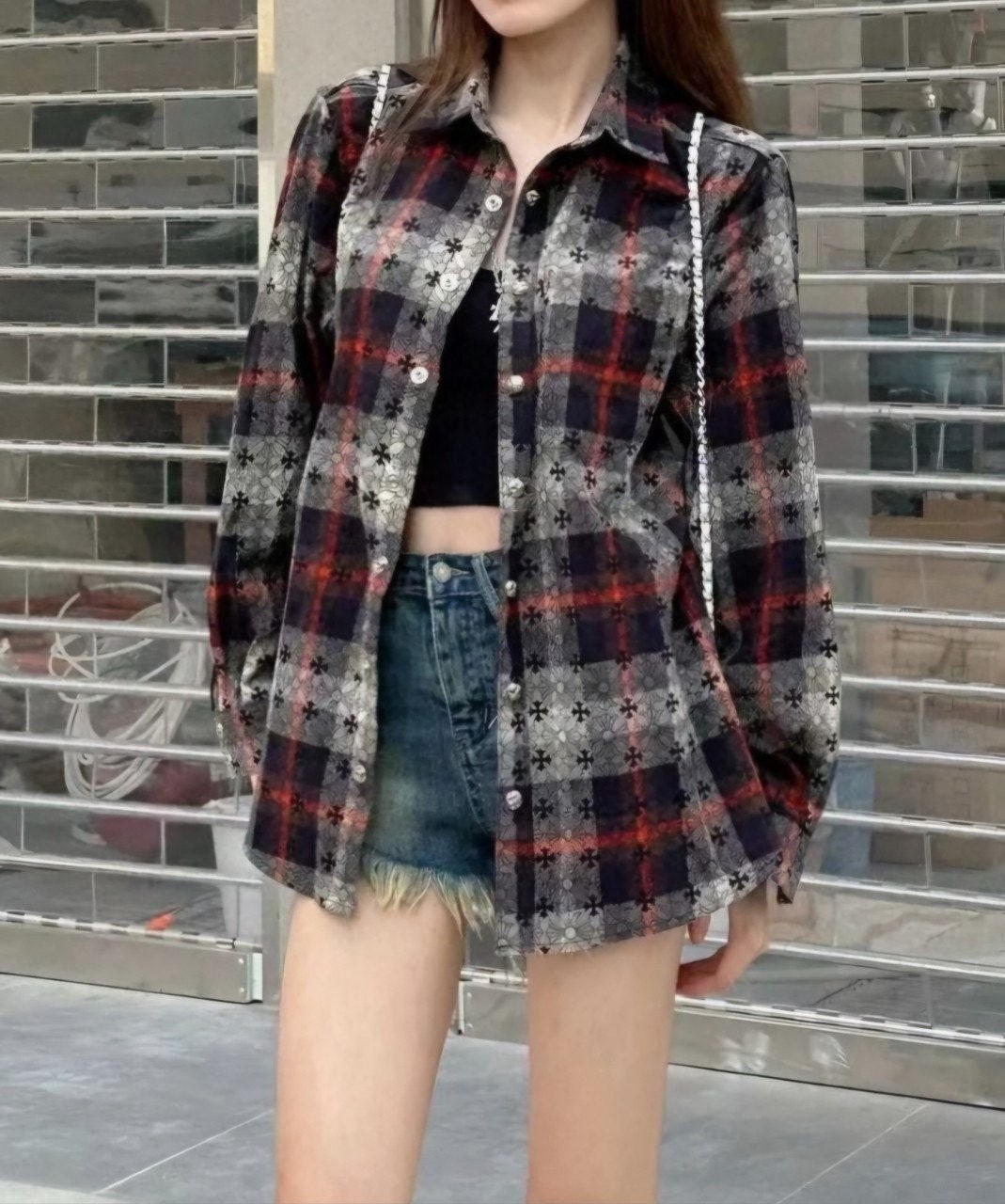 💕 크* 십자가 패치 버튼 자가드 체크셔츠✔수입최고급(남녀공용)