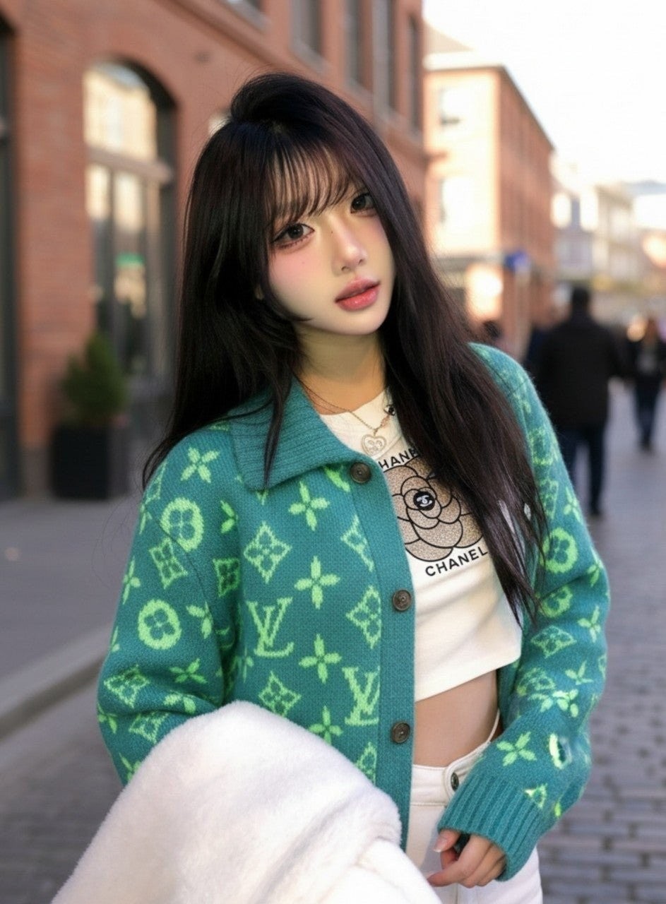 💕 루* 모노그램 자카드 리브드 울가디건➡️수입최고급(남녀공용)