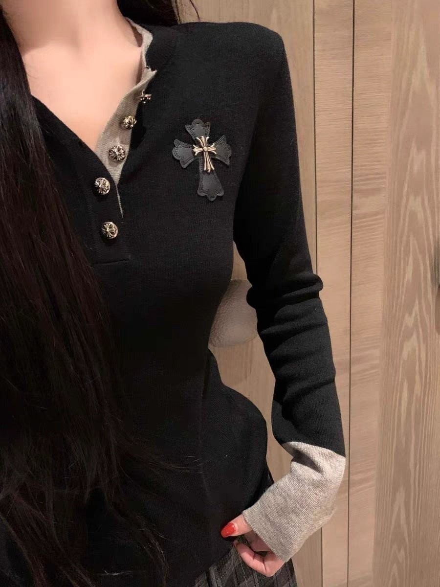 크롬하츠 여성 스틸 패치 배색 니트