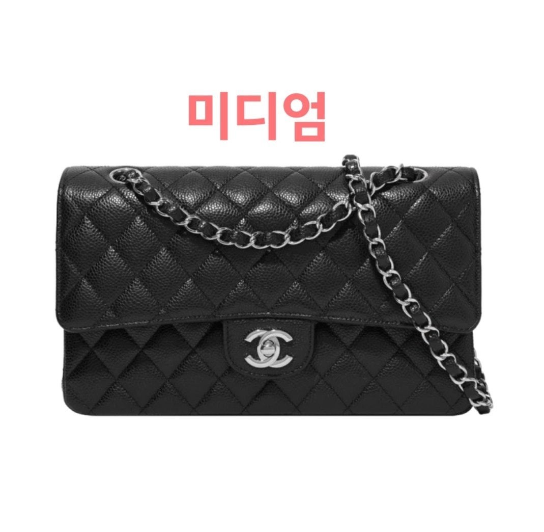 💕 샤* NEW 클래식 미디움 플랩백 그레인드 카프스킨 & 실버 메탈 블랙 ❤풀박스❤️
