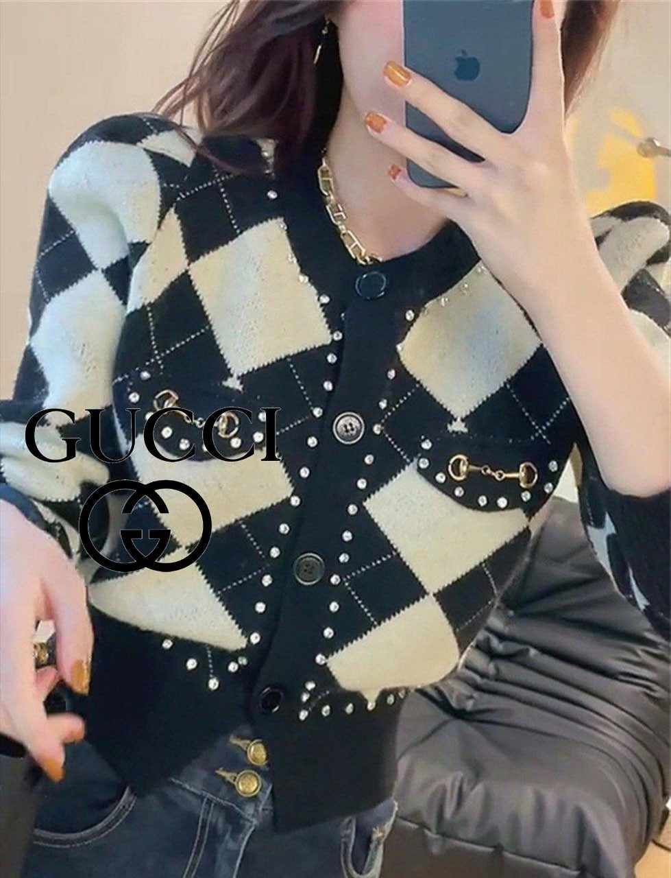 구 G 장식 아가일 니트 가디건 1016