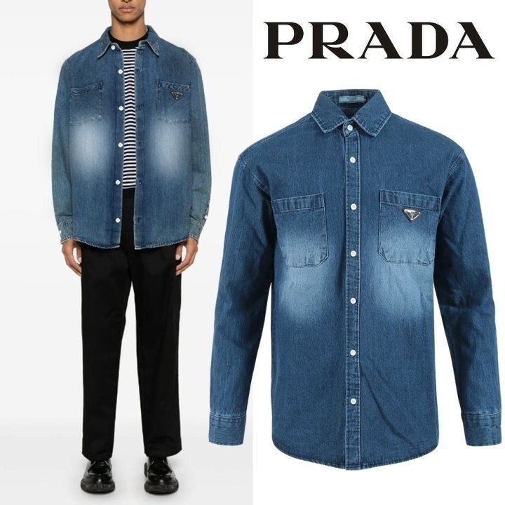 💕 프** 클래식 투포켓 트라이앵글 워싱 데님셔츠