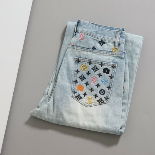 여성 멀티컬러 모노그램 자수 데님 팬츠 LOU-2656