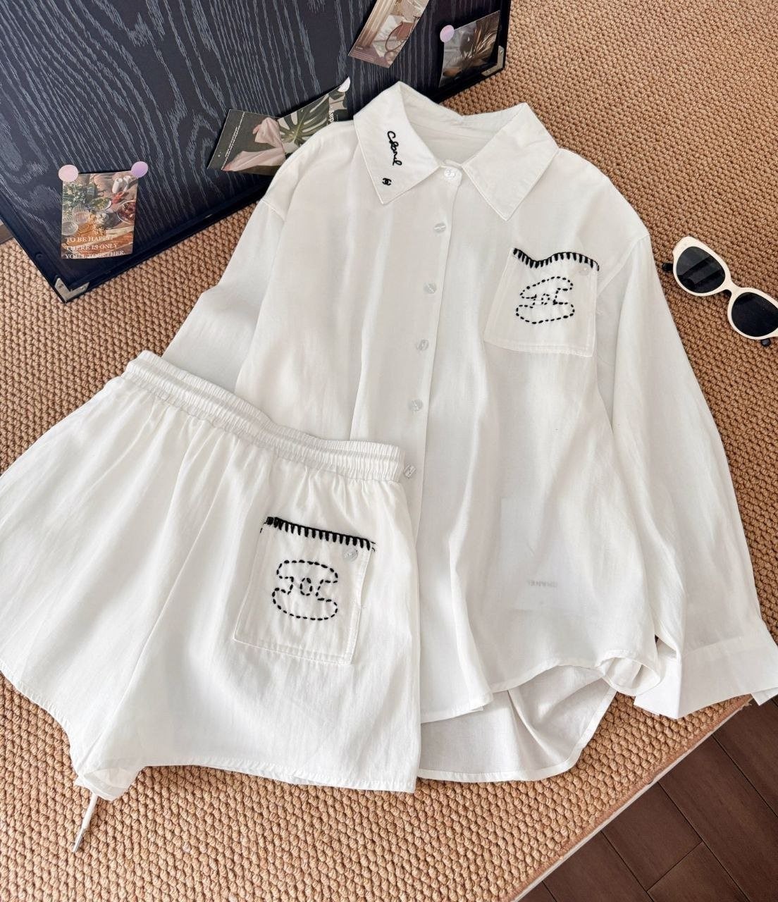 💕 샤* 자수 텐셀 린넨 셔츠 & 팬츠 세트 - 수입