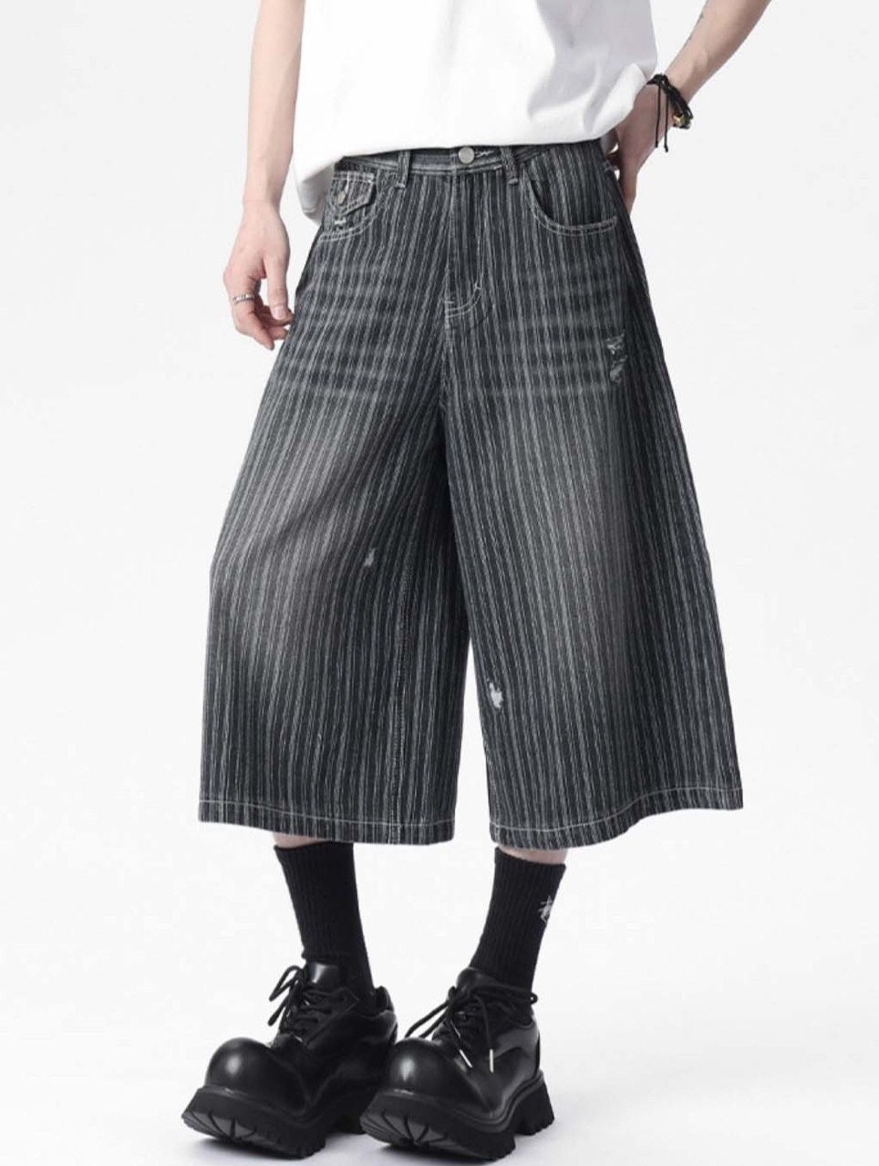 💕 프** 스트라이프 워싱 데님 버뮤다 팬츠 (남녀공용)