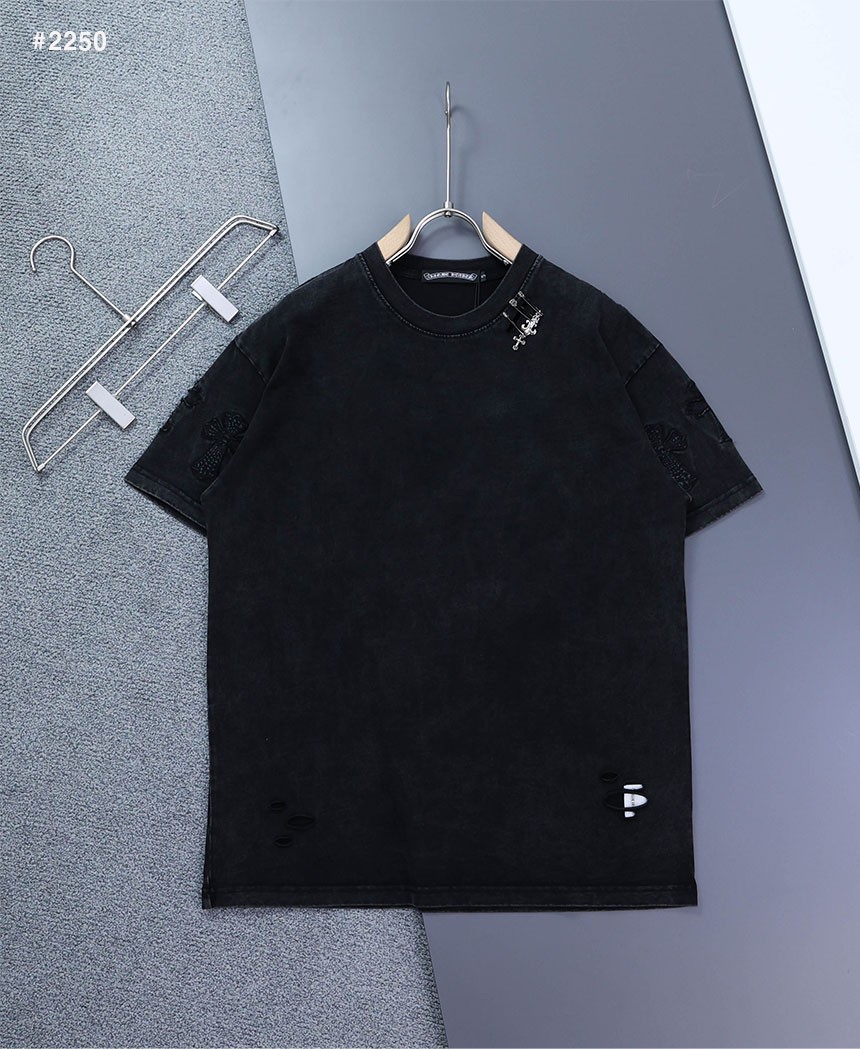 🍀 [Chrome Hearts] 크롬하츠 빈티지 데미지 워싱 클립 크로스 라운드 티셔츠 🍀