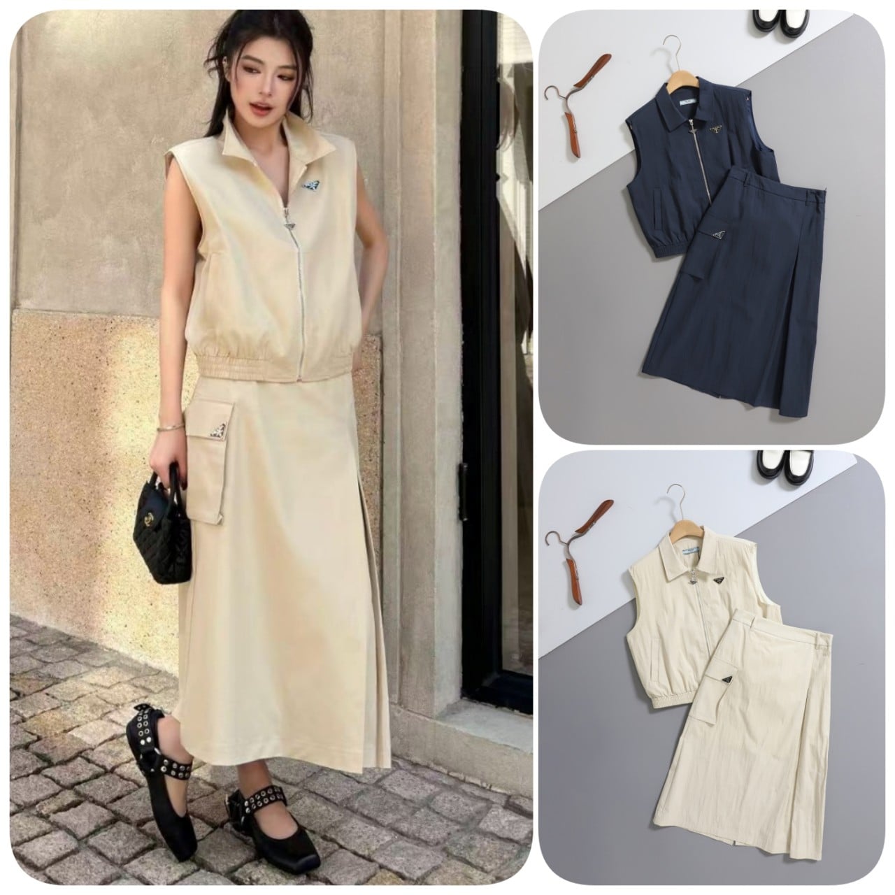 #프라다 [ P*ADA ] 트라이앵글 나일론 민소매 베스트  & 스커트 set 입고💢 #여성세트 #조끼치마